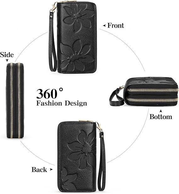 Women's Wallet Large Capacity Double Zip Ladies Card Phone Holder RFID Blocking Wristlet Leather