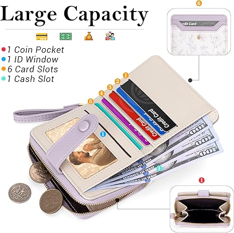 Wallet for Women Cute Floral Flower Wallet RFID Credit Card Holder Purse Small Bifold Zipper Coin Pocket Purse with ID Windows (Lavender)