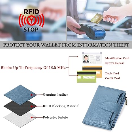 Small Wallet Women RFID Blocking Soft Leather Bifold Compact Card Holder Wallet for Women with Zipper Coin Pocket 4 ID Window