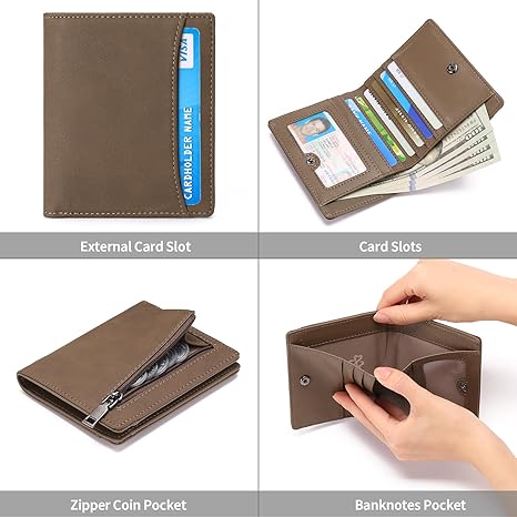 Mens Wallet Slim Bifold RFID Blocking Thin Credit Card Holder Genuine Leather Minimalist Front Pocket Wallets for Men with Zipper Coin Pocket