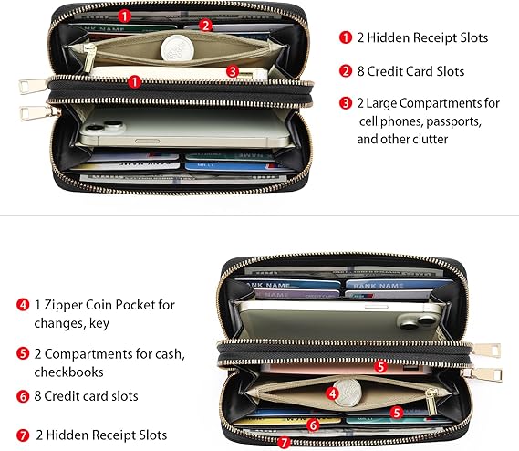 Women's Wallet Large Capacity Double Zip Ladies Card Phone Holder RFID Blocking Wristlet Leather