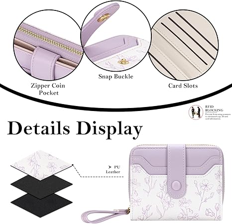 Wallet for Women Cute Floral Flower Wallet RFID Credit Card Holder Purse Small Bifold Zipper Coin Pocket Purse with ID Windows (Lavender)