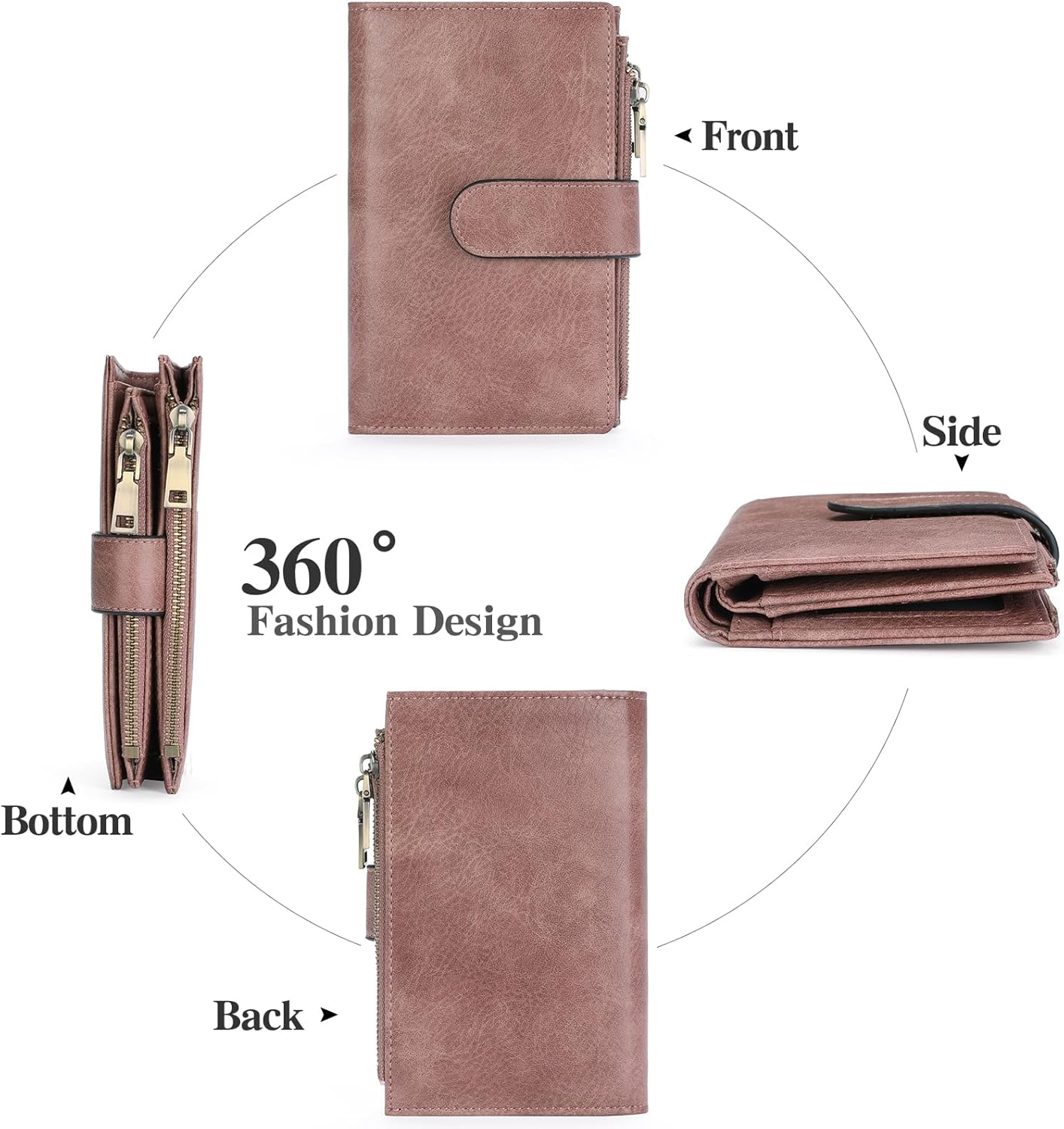 Womens Wallets Rfid Credit Card Holder with 2 Zipper Pockets, 3 ID Windows Ladies Purse Leather