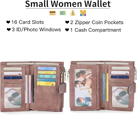 Womens Wallets Rfid Credit Card Holder with 2 Zipper Pockets, 3 ID Windows Ladies Purse Leather