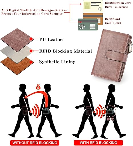Womens Wallets Rfid Credit Card Holder with 2 Zipper Pockets, 3 ID Windows Ladies Purse Leather