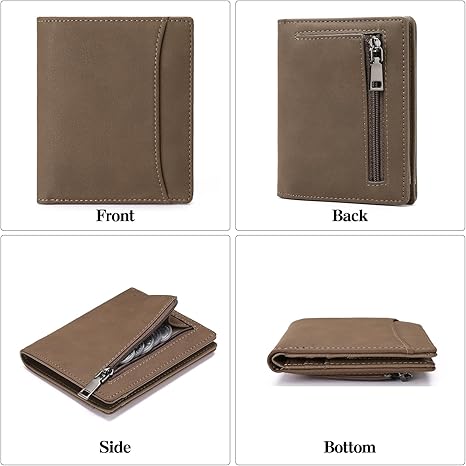 Mens Wallet Slim Bifold RFID Blocking Thin Credit Card Holder Genuine Leather Minimalist Front Pocket Wallets for Men with Zipper Coin Pocket