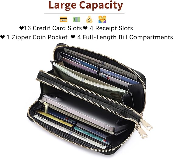 Women's Wallet Large Capacity Double Zip Ladies Card Phone Holder RFID Blocking Wristlet Leather