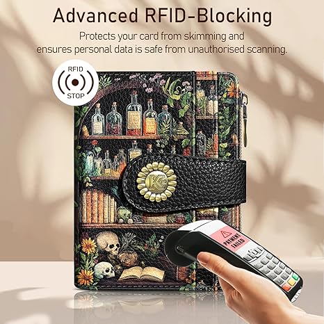 Bookshelves Skull Goth Gothic Small Rfid Women Wallet Bifold Zipper Coin Pocket PU Leather Compact Cash Credit Card Holder Travel Wallet Female Ladies Teen Girls 1 ID Window 10 Card Slots