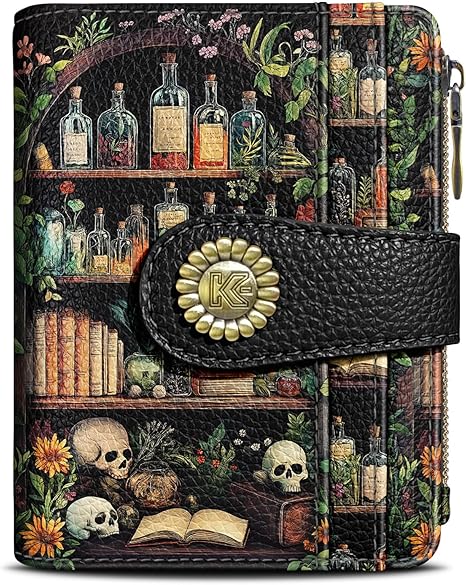 Bookshelves Skull Goth Gothic Small Rfid Women Wallet Bifold Zipper Coin Pocket PU Leather Compact Cash Credit Card Holder Travel Wallet Female Ladies Teen Girls 1 ID Window 10 Card Slots