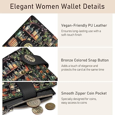 Bookshelves Skull Goth Gothic Small Rfid Women Wallet Bifold Zipper Coin Pocket PU Leather Compact Cash Credit Card Holder Travel Wallet Female Ladies Teen Girls 1 ID Window 10 Card Slots