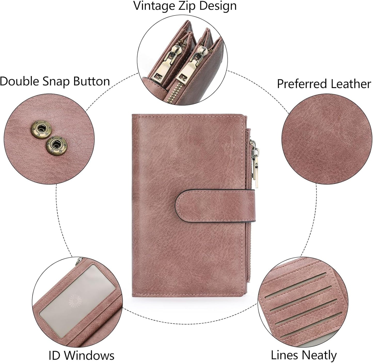 Womens Wallets Rfid Credit Card Holder with 2 Zipper Pockets, 3 ID Windows Ladies Purse Leather
