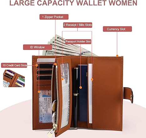 Women's Wallets RFID Blocking Leather Trifold Clutch Wallet Credit Card Holder Ladies Travel Wallet Purse with Pen Holder